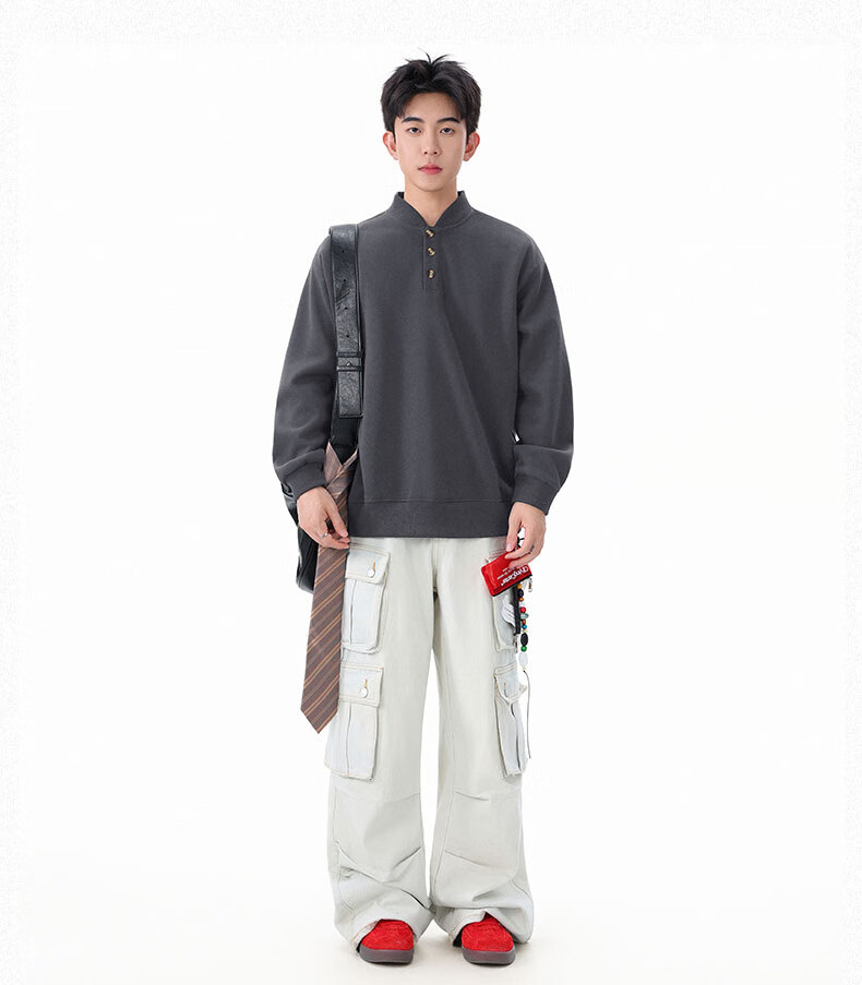 Homlean Heavyweight Henry Collar Solid Color Sweatshirt Men Autumn Fashion Casual Loose Base Shirt HQ00 Black 4XL 17