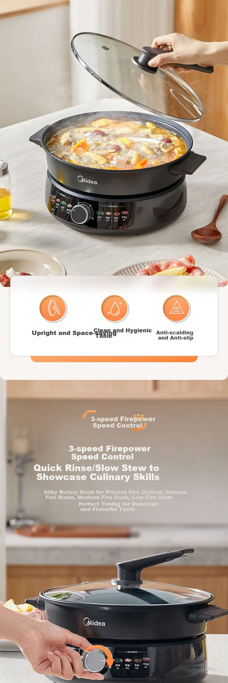 Midea Electric Hot Pot, 6L Capacity, Household Antibacterial Multi-Functional Cooker, Detachable Steamer, Deep 9CM, Suitable for Steaming, Boiling, Frying, Stir-Frying, Stewing, Braising, All-In Non-Stick Pan, Self-Operated 4