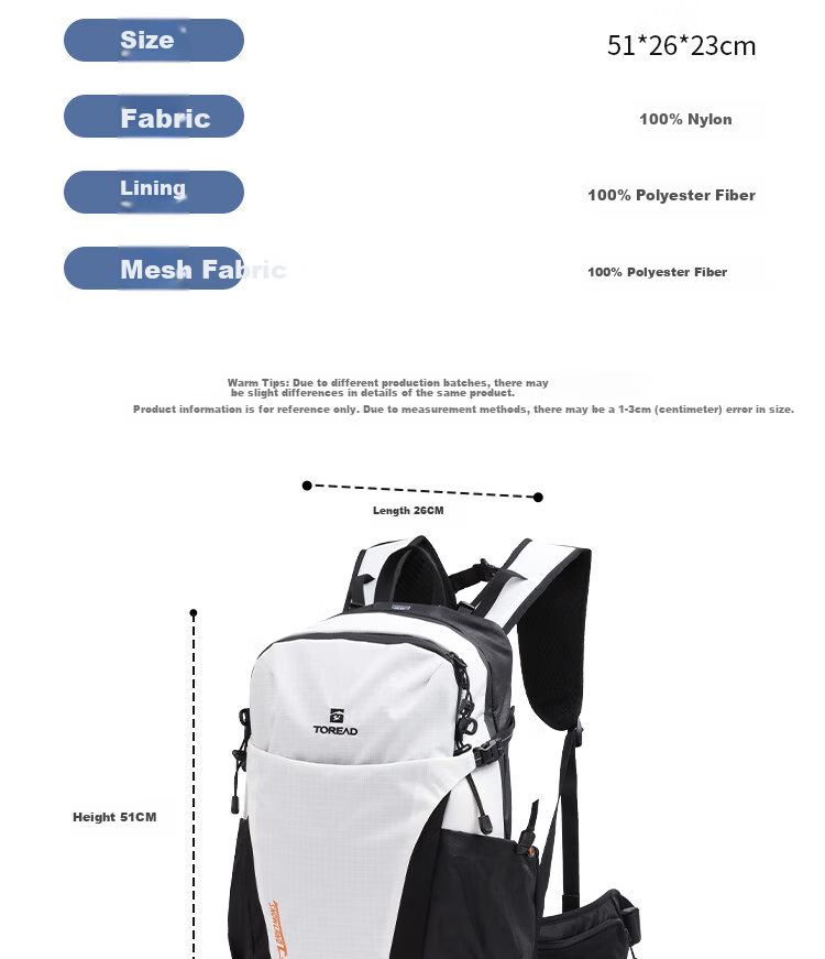TOREAD Hiking Backpack, Professional Outdoor Travel, 30L Capacity, Lightweight Sports Backpack, Breathable Schoolbag, Yunfeng White 9