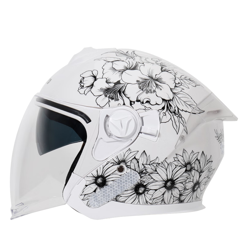 BIGBRO KY168 New National Standard 3C Dual-Lens Electric Motorcycle Helmet Summer Sunshade Unisex Electric Scooter Four-Season Universal Half Helmet Floral White One Size