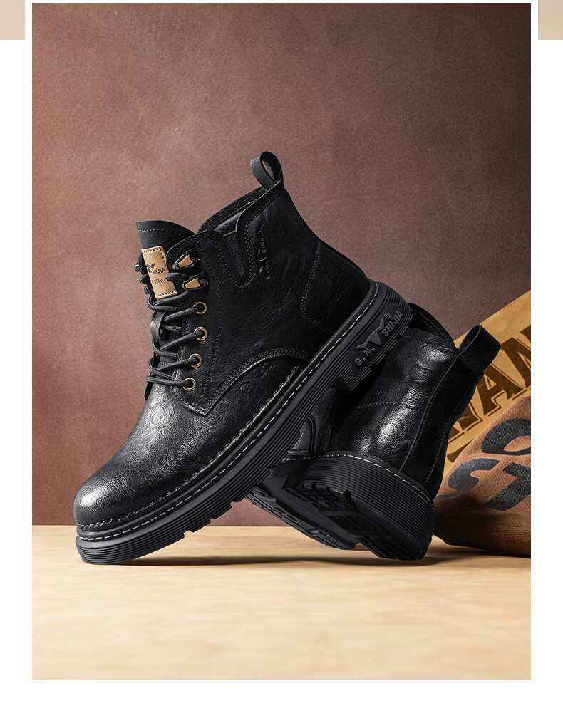 Bull Family Men's Autumn Winter New Retro British Martin Boots Fashion Versatile Work Boots Mid-High Lace-Up Leather Boots 7