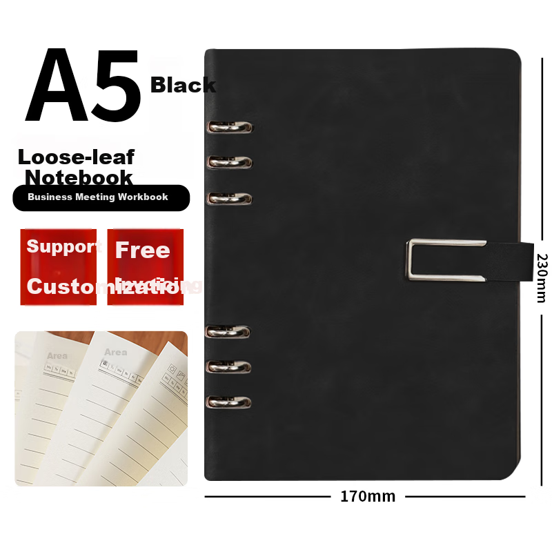 Tangyi A5 Black Hollow U-Shaped Buckle 6-Ring Loose-Leaf Notebook, 100 Sheets 200 Pages, Simple High-End Skin-Like Leather Journal, Office Meeting Record Book, Customizable Logo