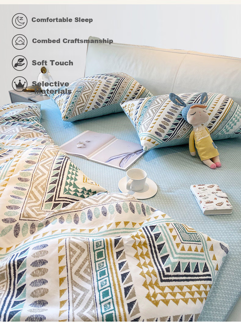 I-WILL All-Cotton Instagram-Style Printed Duvet Cover And Bed Sheet Set, Spring And Summer Bohemian Style Pure Cotton Bedding Set for 1.8/2.0m Bed 2