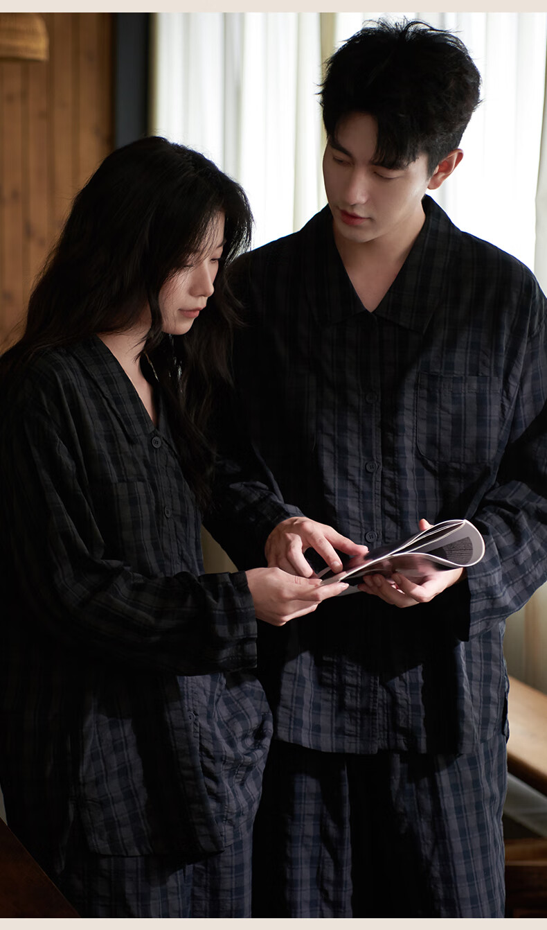 Shaqian New Vintage Coin Style Couples Pajamas 2025 Autumn Bubble Woven Cotton Women's Plaid Loungewear Men's Set 3