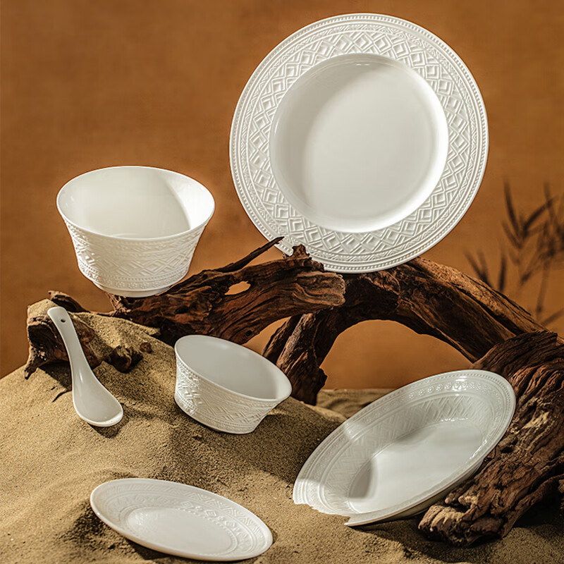 Luowei × Dunhuang Creative Collaboration Bone China Dinnerware Set with Underglaze Colored Bowls, Home Use Jingdezhen Round Perfect Auspicious 28-Piece Set