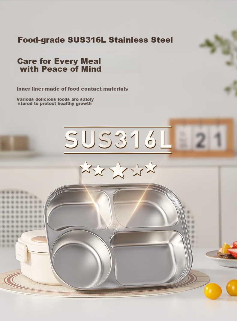 Joyoung 316L Lunch Box for Students And Office Workers, Bento Box with Chopsticks And Spoon, Large Capacity Four-Compartment Meal Container, 1500ML, White 3