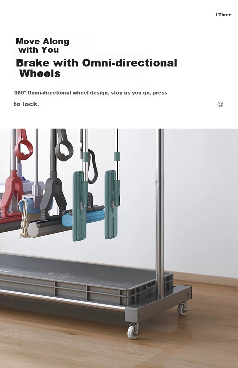 Yagao Stainless Steel Mop Rack, Floor-Standing Mobile Mop Holder, Cleaning Tool Storage Organizer with 5 Mops And 6 Hooks 8