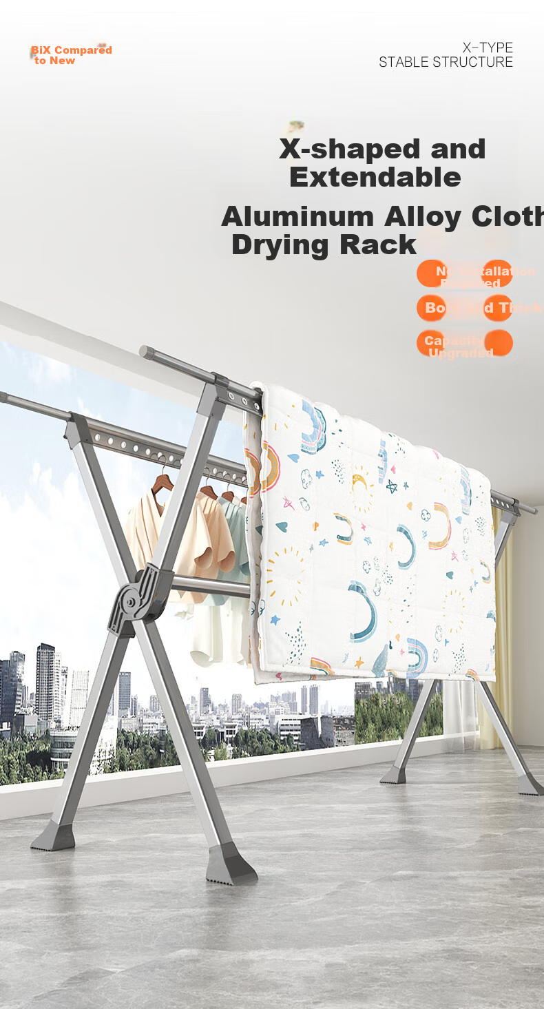 BIX Folding Clothes Drying Rack, Indoor Laundry Hanger, Balcony Quilt Drying Stand, Aluminum Alloy Gunmetal Gray, 1.3M Three-Rod 1