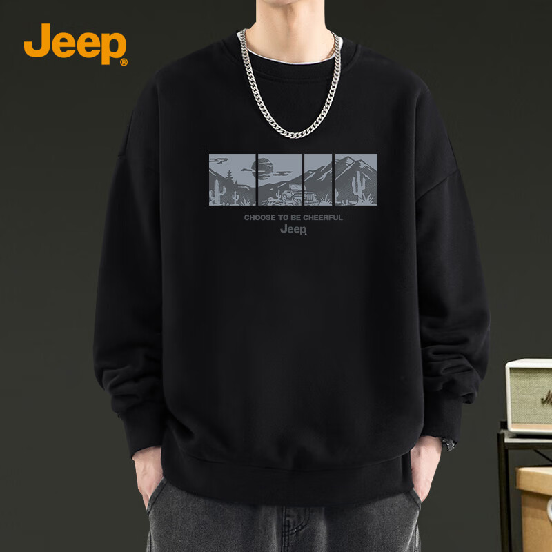 JEEP Men's Sweatshirt Autumn Trendy Versatile Crew Neck Pullover Colorfast Durable Breathable Base Shirt Black 2XL