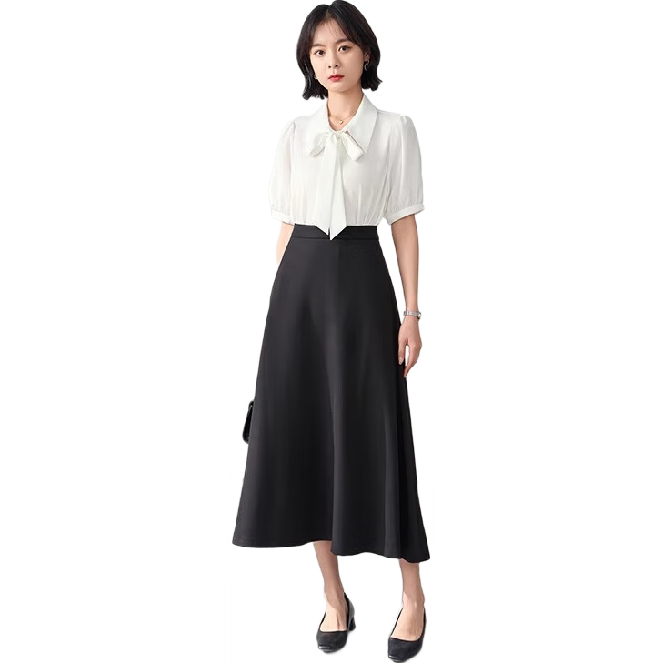 Bodexiaojie Black Professional Commute Skirt for Women, Interview Elegant A-Line Umbrella Skirt, Draping Formal Half Skirt