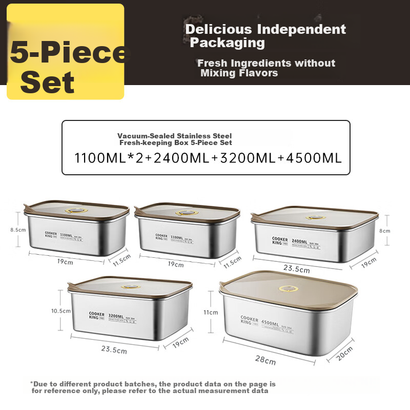 COOKER KING 304 Stainless Steel Food Storage Containers, Vacuum-Sealed Fresh-Keeping Airtight Containers, Lunch Box Set of 5 Pieces