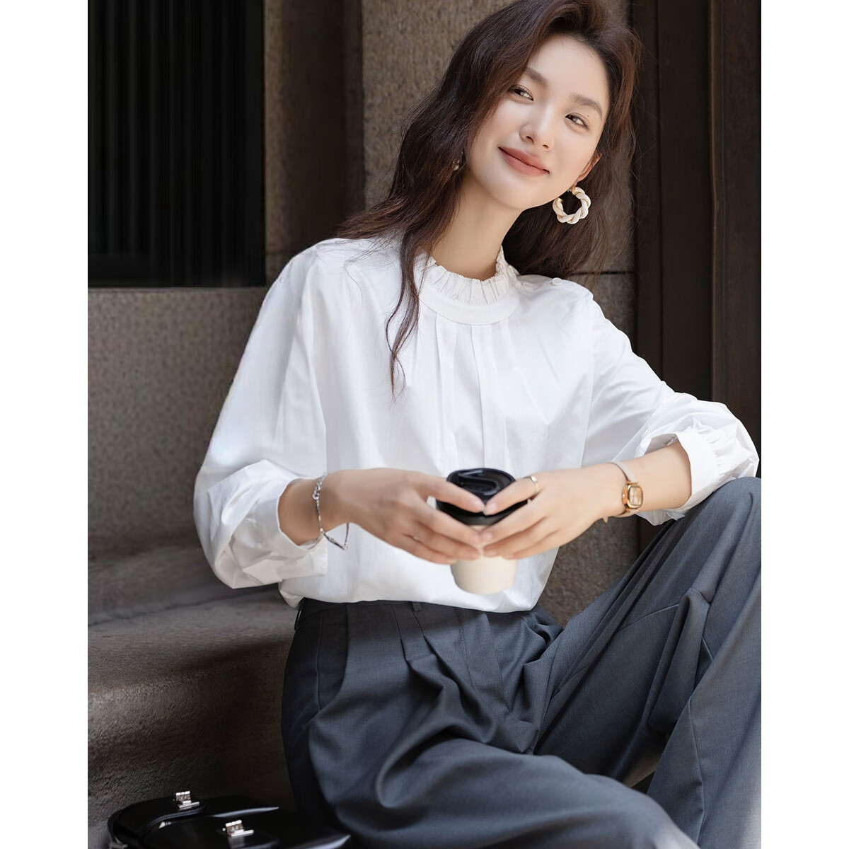 Demana Liubai 100% Cotton Autumn Artistic Noblewoman Ruffled Stand Collar Loose Shirt Women's Top
