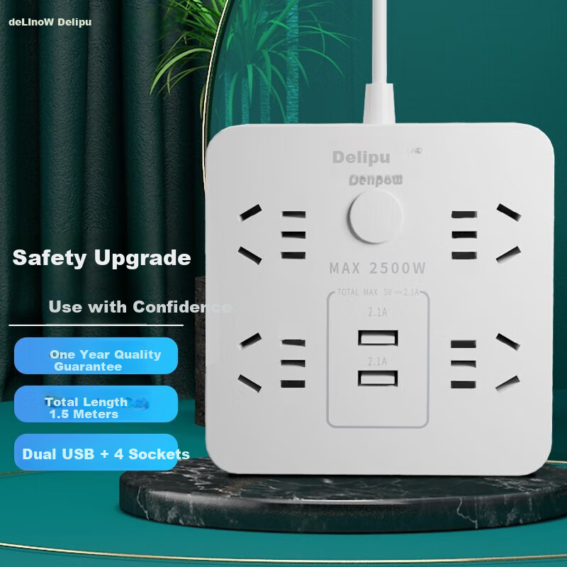 Delipow Power Strip, USB Fast Charging, New National Standard Safe Socket, 4 Outlets, Dual USB Charging Ports, Master Switch, Power Strip Extension Cord, Total Length 1.5 Meters