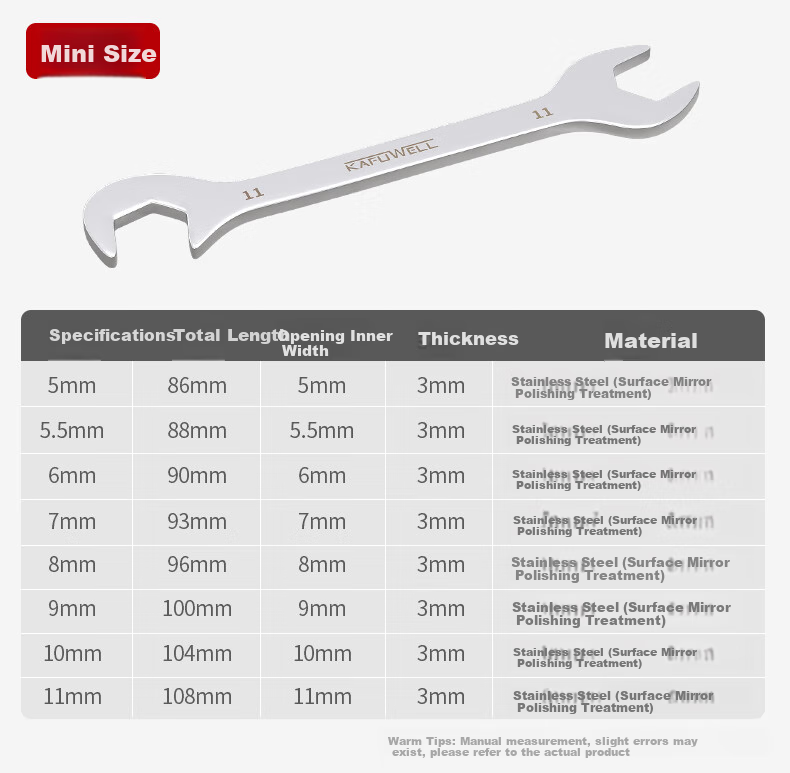 Kafuweier Plum Blossom Open-End Wrench Set, 5-11mm, 8-Piece Set, Small Dual-Use Wrench, Stainless Steel Model WR5609 8