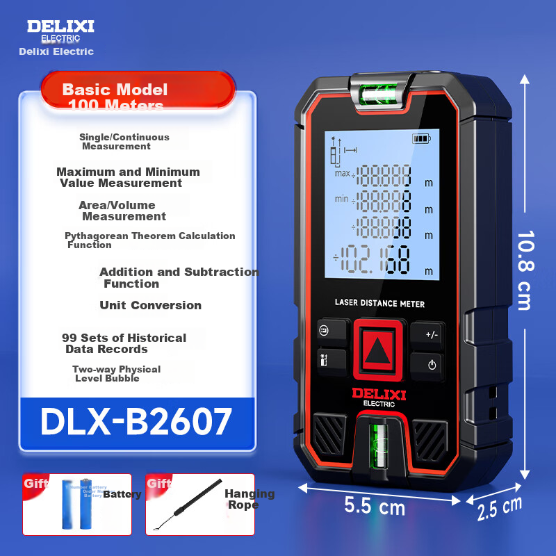 DELIXI ELECTRIC Laser Distance Meter Handheld High-Precision Electronic Ruler Infrared Outdoor Home Measuring Device with Dual Horizontal Bubbles, 100-Meter Range