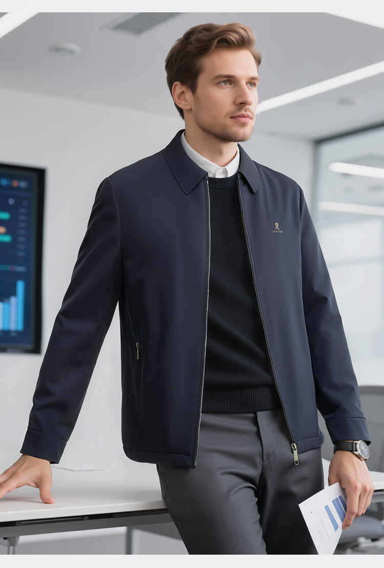 MONTAGUT Men's Winter Wool Jacket Cotton Coat Turn-down Collar Middle-aged Business Warm Cotton-padded Coat Navy Blue Size 50 4
