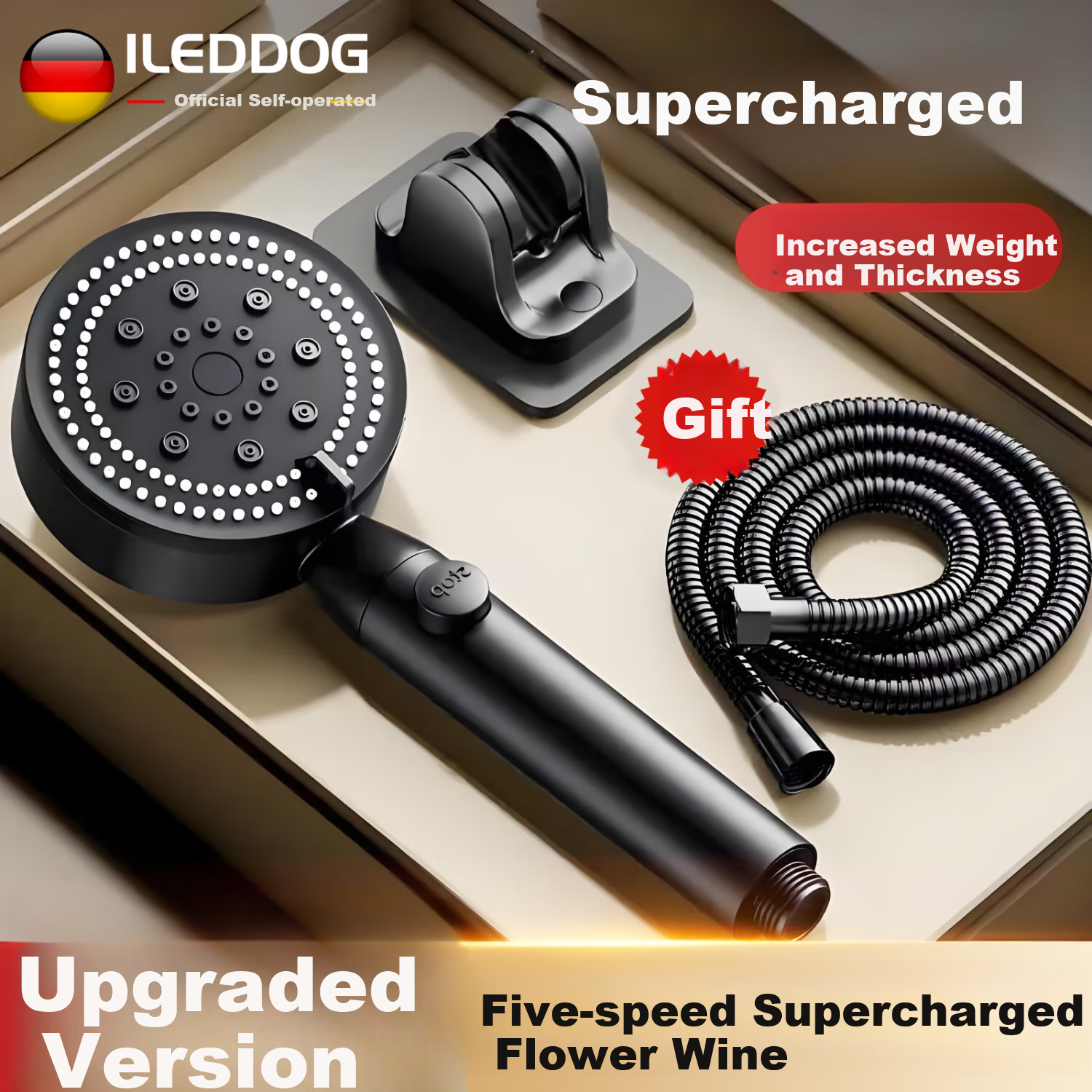 Душевая лейка iLeddog JM002, 5-скоростная, с одной кнопкой остановки воды, усиленная, подходит для низкого давления воды, ABS пластик, уровень 1 водоэффективности