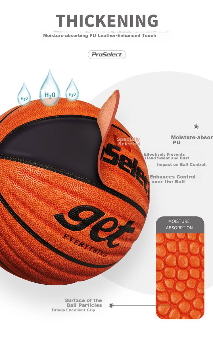ProSelect Basketball, Size 7, Moisture-Absorbing PU Wave Pattern, Cement Court Wear-Resistant, Indoor And Outdoor Training And Competition Basketball, GB672GTV 6