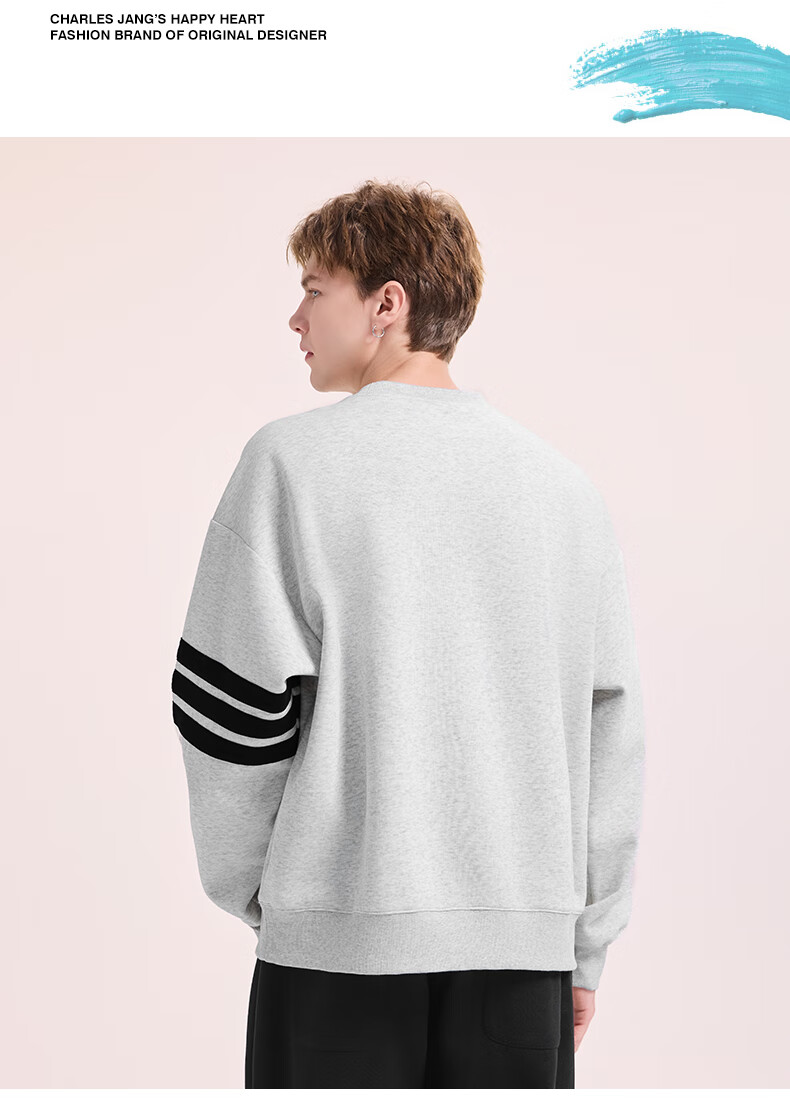 Charles Heart American Style Three Stripes Crewneck Sweatshirt Loose Fit Spring Autumn Couple New Heart Embroidery Long Sleeve Light Heather Gray XS 6