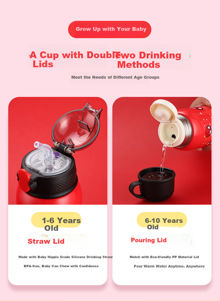 Dishini Children's Insulated Cup with Straw, Direct Drinking Bottle, 316 Stainless Steel, Large Capacity, Boys And Girls Elementary School Students, Double Lid Water Cup 3
