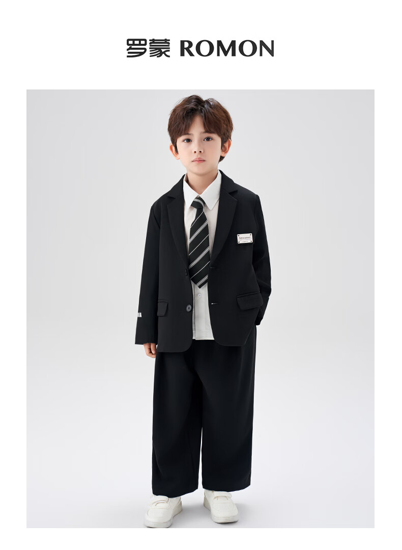 Romon Children's Suit Set British Style Flower Boy Formal Wear Boys Academy Casual Blazer Piano Performance Outfit Black 160 1