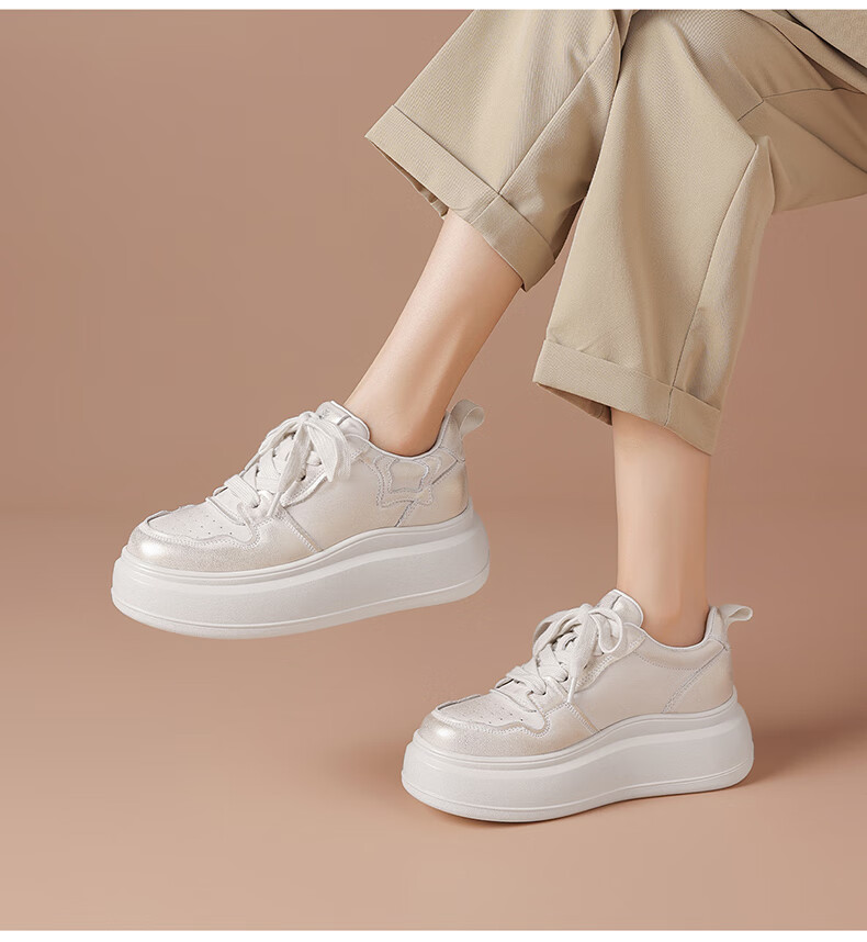 BOERDIQI Top-Grain Leather Versatile White Sneakers for Women, Thick-Soled Height-Increasing Casual Sports Shoes, White And Black, Size 36 17