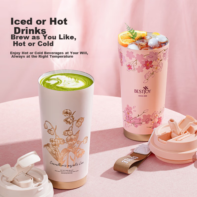FUGURNG BESTJOY Insulated Mug Coffee Cup for Men And Women with Ceramic Inner Liner Portable Cup Student Straw Water Bottle White Cherry Blossom 520ml