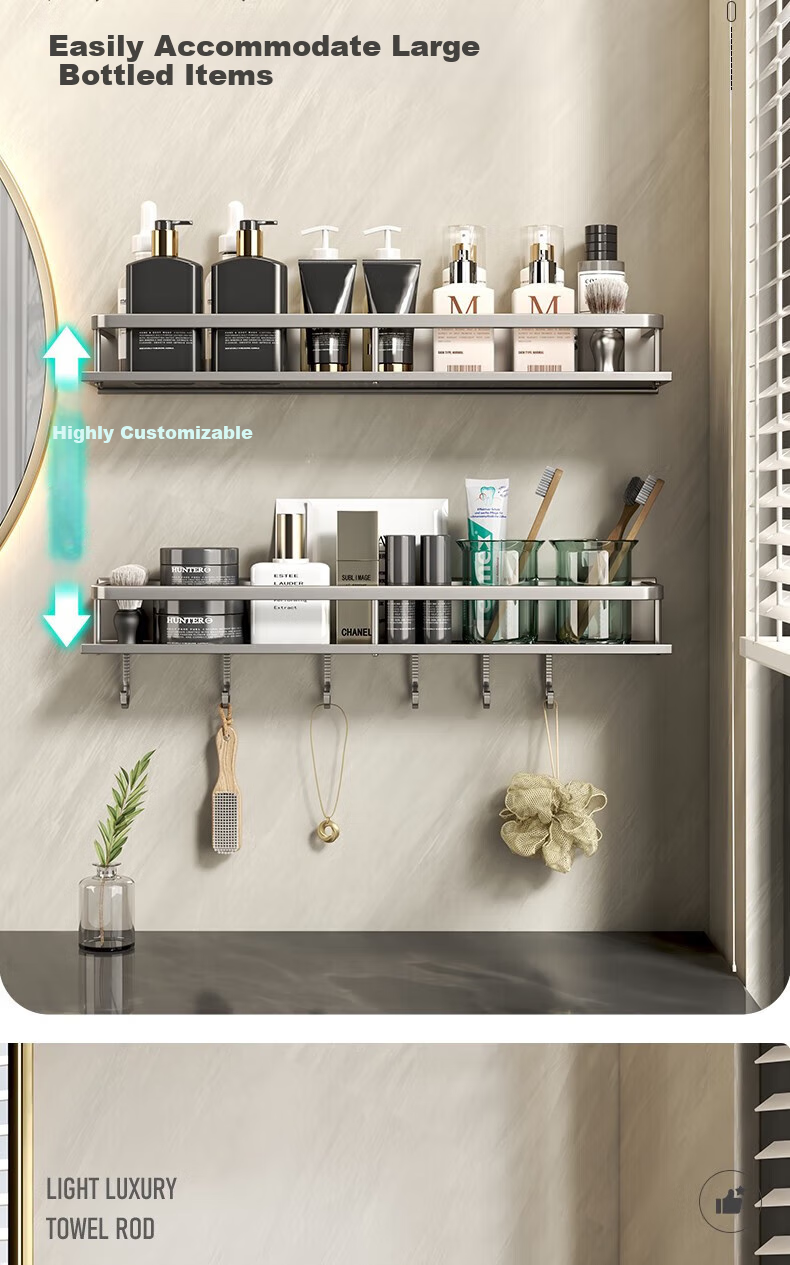 Yweel Bathroom Storage Rack, Wall-Mounted Space Aluminum Baked Paint Washbasin Organizer Shelf, No Drilling Required 6