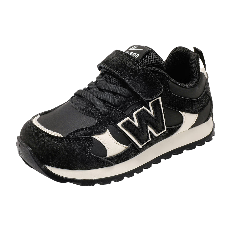 Warrior Children's Shoes Spring Velcro Thick-Soled Comfortable Running Shoes for Boys And Girls WZCL1622 Black-White Size 26