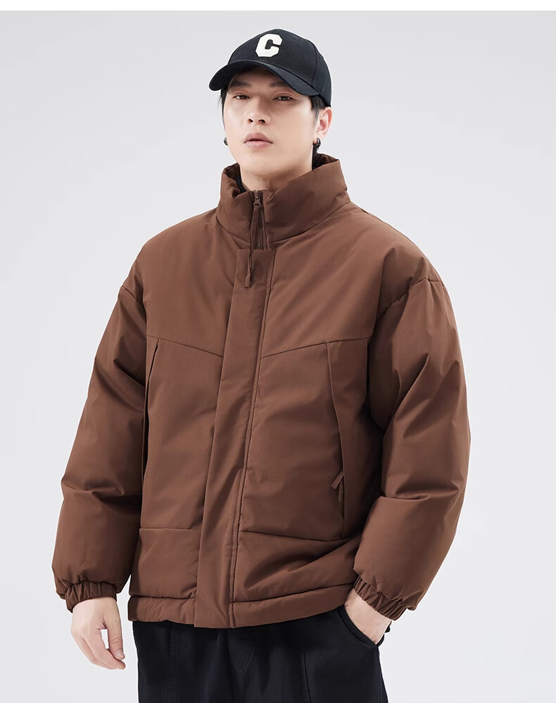 Cotton Casual Men's Winter Solid Color Stand Collar Cotton Jacket Warm Cotton Padded Coat Black 2XL 19