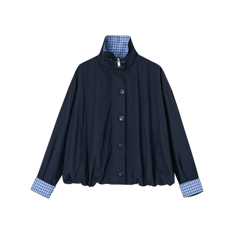 Demana Pure Soft Cotton Brushed Fabric Spring Autumn Urban Simple Double-Layer Lapel Colorblock Plaid Folded Loose Women's Coat