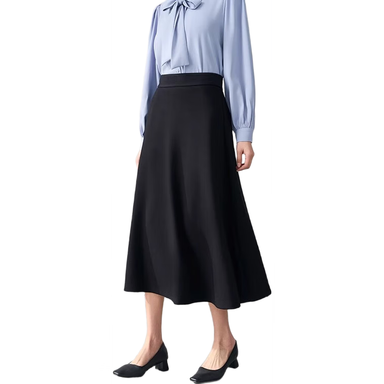 Bodexiaojie Black Midi Skirt for Women, Elegant Professional Attire, Formal Wear for Commuting, Solid Color Long Skirt