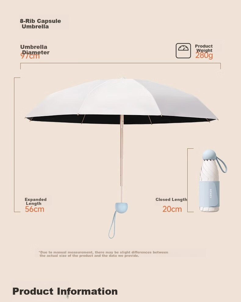Beimei Portable Mini Sun Umbrella, Lightweight And Compact, UV Protection, Black Gel, Five-Fold, Rain And Shine Capsule Umbrella 25