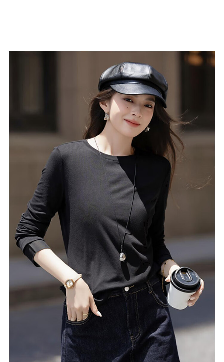 Dme Autumn Natural Elegant Style Round Neck Patchwork Long Sleeve Slightly Stretchy Comfortable Women's T-Shirt with Refreshing Lyocell 3