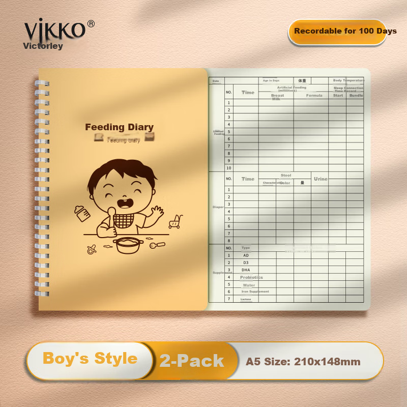 Weikeduoli 2 A5 Feeding Record Books for Baby Boys, Breastfeeding Diary, Newborn Growth Record Manual, Infant Supplementary Food Feeding Book, Soft Spiral Notebook, Can Record 100 Days [Internet Bestseller]