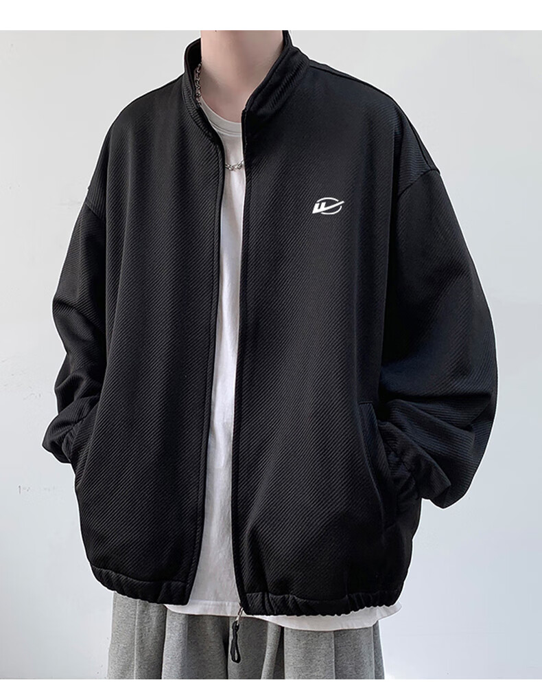 Huili Men's Jacket, Autumn Casual Simple Coat, Twill Stand Collar, Windproof Loose Versatile Outerwear for Men, Black, 3XL 15