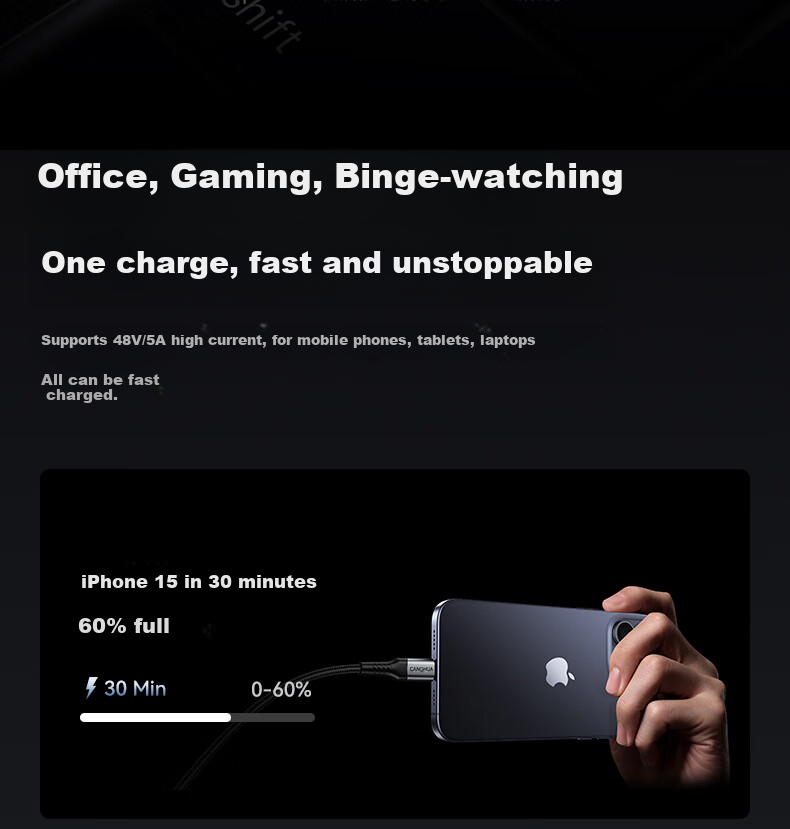 CangHua Dual-Head Type-C Data Cable, PD240W Fast Charging Ctoc, Compatible with Apple 18/17/16/15 Charging Cables, Huawei Honor Xiaomi Tablets, IPad/Mac Laptops, 1 Meter 4