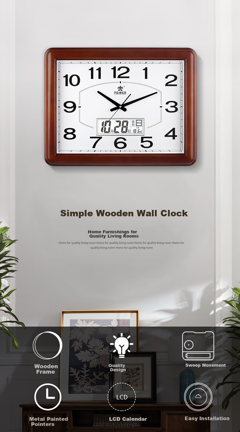 POWER Bawang Wall Clock, Length 54cm, Large Square Design for Living Room, Office Wall-Mounted, Chinese-Style Simple Wooden Wall Clock 1801CKS 1
