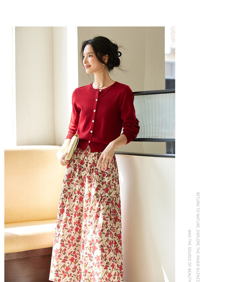 Fanximan Holiday Style Casual Set Women Autumn New Knitted Top and Skirt Two-Piece Set Apricot Base Red Floral L 9