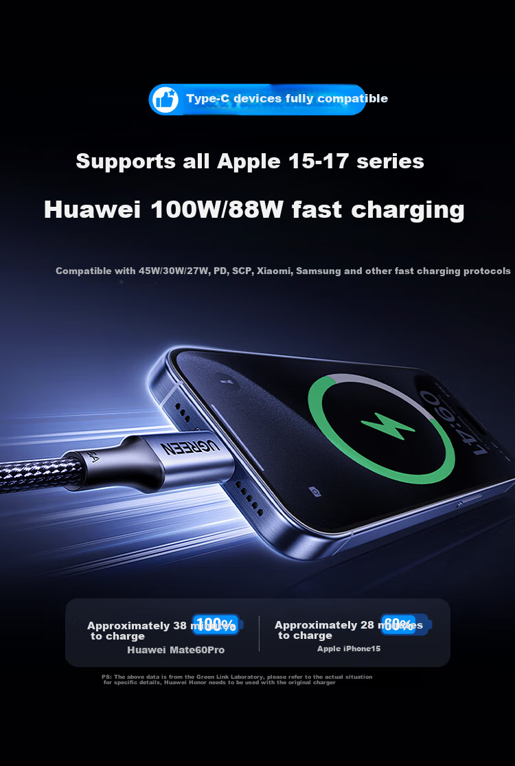 UGREEN Dual-Head Type-C Data Cable PD100W/88W Super Fast Charging Cord Compatible with Huawei, Honor, Xiaomi, Apple 17/16e/15 Tablets, Laptops, Car Charger 1 Meter 3