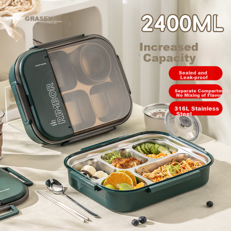 Guangyi 316L Stainless Steel Insulated Lunch Box for Students And Office Workers, Portable Meal Tray with 5 Compartments And Utensils, Green, GY7495