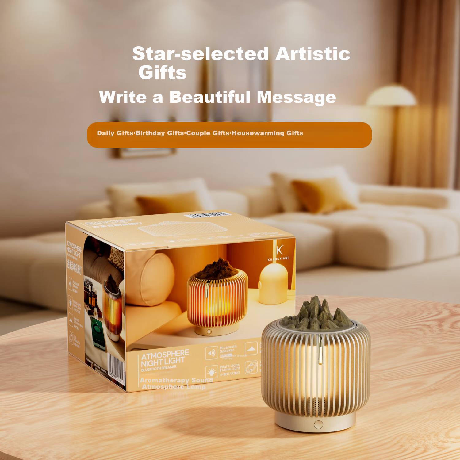 Kuangxiang Aroma Diffusing Bluetooth Speaker, Sound Atmosphere Lamp Flame Lamp Solid Wood Fragrance Dispenser for Living Room Bedroom Study Decoration, Birthday Mid-Autumn Festival Gift for Boyfriend Girlfriend
