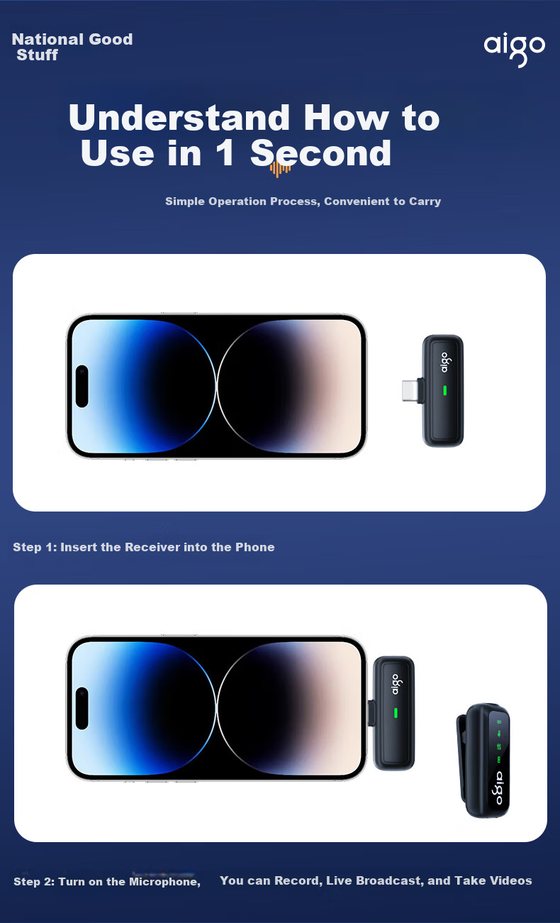 Aigo S16 Wireless Microphone, Clip-On Microphone with Two Mics, Small Bee Vlog Interview Outdoor Live Streaming Special Equipment, Mobile Phone Audio Microphone, Compatible with Apple And Android 12
