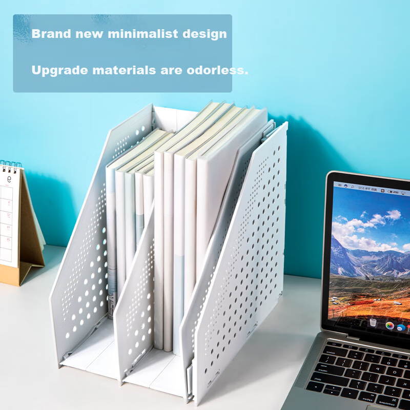 Deli Foldable 3-Tier Hollow Desktop File Organizer Bookend Storage Box, Office File Holder with Labels, Document Storage Rack, Book And File Organizer Tool, Light Gray