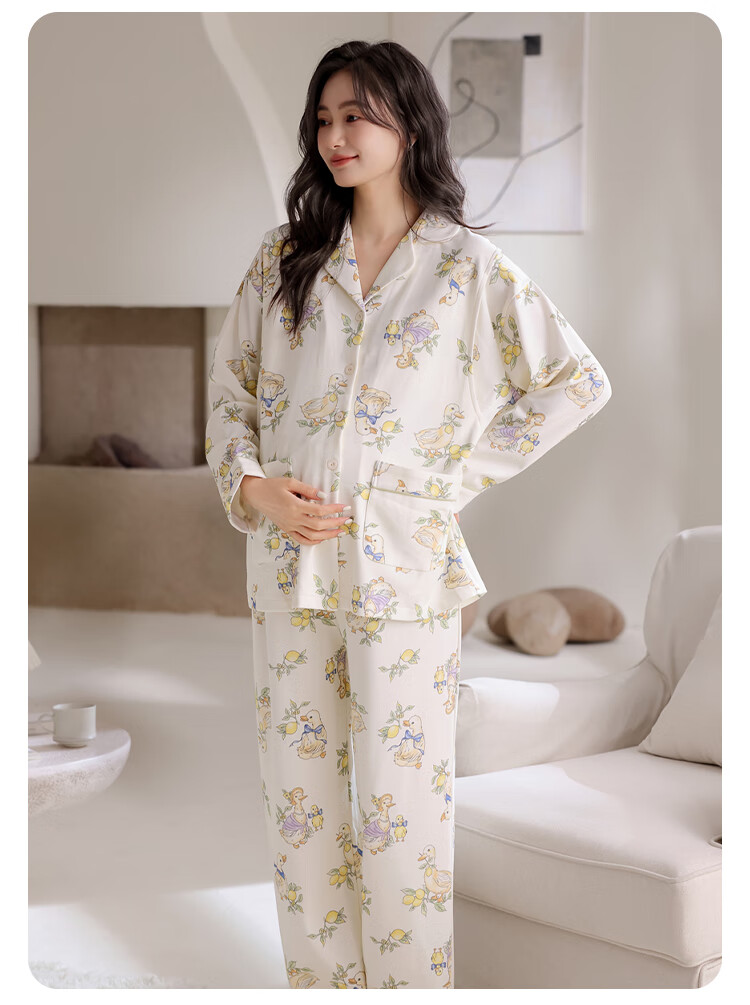 Aibaozi Maternity Postpartum Pajamas Spring Summer Pure Cotton Nursing Sleepwear Breastfeeding Clothes Homewear Moon Lemon Cute Duck L Size M475 14