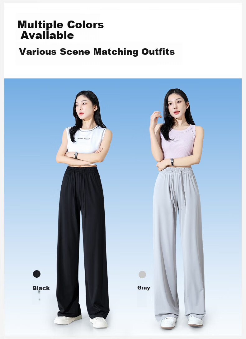 FitonTon Slim Ice Silk Sun Protection Wide-Leg Pants for Women, Summer Cool Thin High-Waist Draping Slimming Straight Casual Pants 9