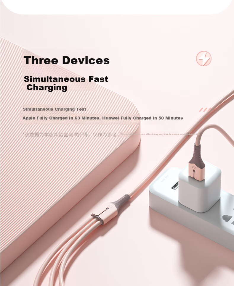 Nengshi Three-In Charging Cable, Fast Charging Compatible with Apple IPhone14/Typec And Android Devices, Three-Headed Cable for Xiaomi/Huawei, 66W, 0.6 Meters, Pink 4
