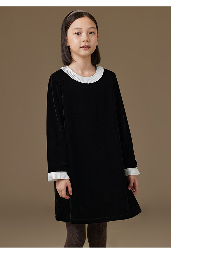 Hacikis Kids Autumn Winter French Hepburn Style Children's Lace Velvet Girls Long Sleeve Dress Thick Mousse Black 160 8