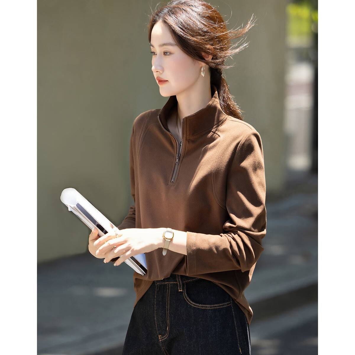 Demana [Cloud Feel Derong] Autumn Simple Style Half-Zip Stand Collar Straight Loose Small Size Sweatshirt for Women