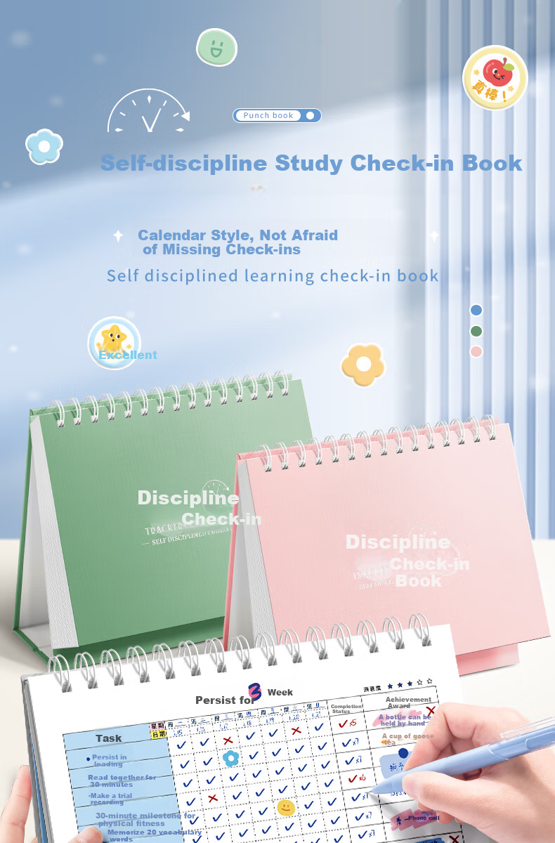 DiLe Self-Discipline Check-In Notebook A5 Habit Formation Time Management Daily Check-In Weekly Planner Student Monthly Goal Planning Study Notebook 59 Sheets/Book KBX-2227E Vintage Gree 1